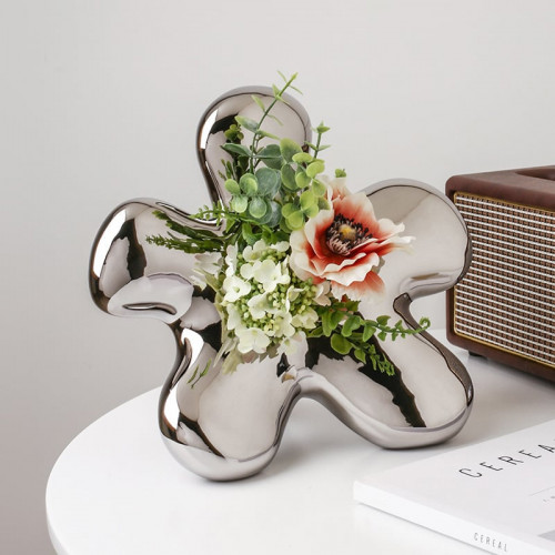 HMR - Modern Silver Ceramic Flower Shape Table Vase Home Decorative Object Art for Living Room