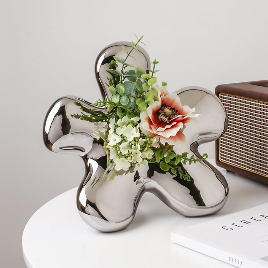 HMR - Modern Silver Ceramic Flower Shape Table Vase Home Decorative Object Art for Living Room