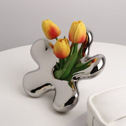 HMR - Modern Silver Ceramic Flower Shape Table Vase Home Decorative Object Art for Living Room