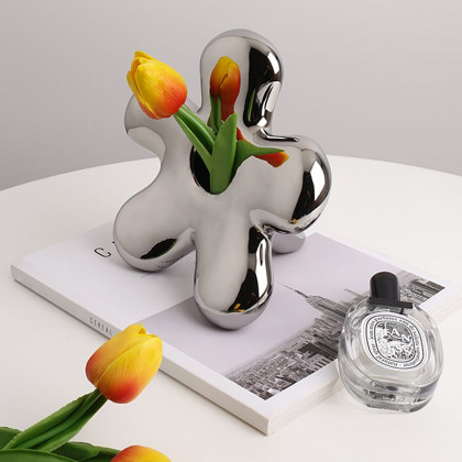 HMR - Modern Silver Ceramic Flower Shape Table Vase Home Decorative Object Art for Living Room