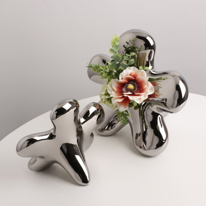 HMR - Modern Silver Ceramic Flower Shape Table Vase Home Decorative Object Art for Living Room