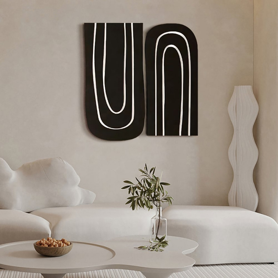 HMR - 2 Pieces Minimalist Abstract Geometric Wall Decor Art Set Living Room in Black & White