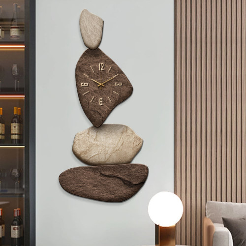 HMR 32" Large Stone Shape Japandi Wall Clock Unique Irregular Home Decor Art Living Room - Brown