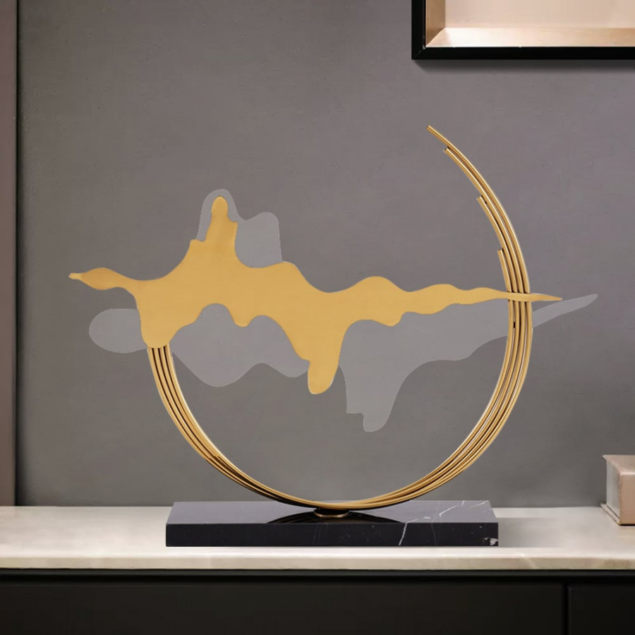 HMR - Geometric Abstract Gold Metal & Acrylic Wave Sculpture Art Decor with Black Marble Base