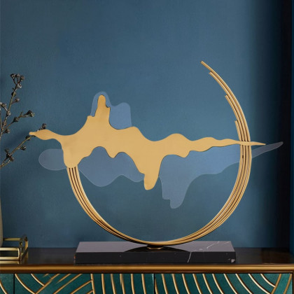 HMR - Geometric Abstract Gold Metal & Acrylic Wave Sculpture Art Decor with Black Marble Base