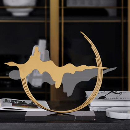 HMR - Geometric Abstract Gold Metal & Acrylic Wave Sculpture Art Decor with Black Marble Base