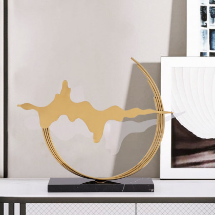 HMR - Geometric Abstract Gold Metal & Acrylic Wave Sculpture Art Decor with Black Marble Base