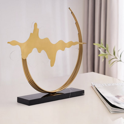 HMR - Geometric Abstract Gold Metal & Acrylic Wave Sculpture Art Decor with Black Marble Base