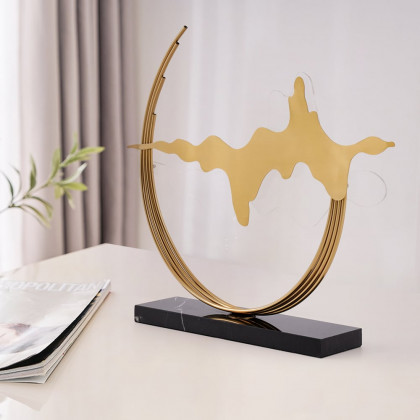HMR - Geometric Abstract Gold Metal & Acrylic Wave Sculpture Art Decor with Black Marble Base