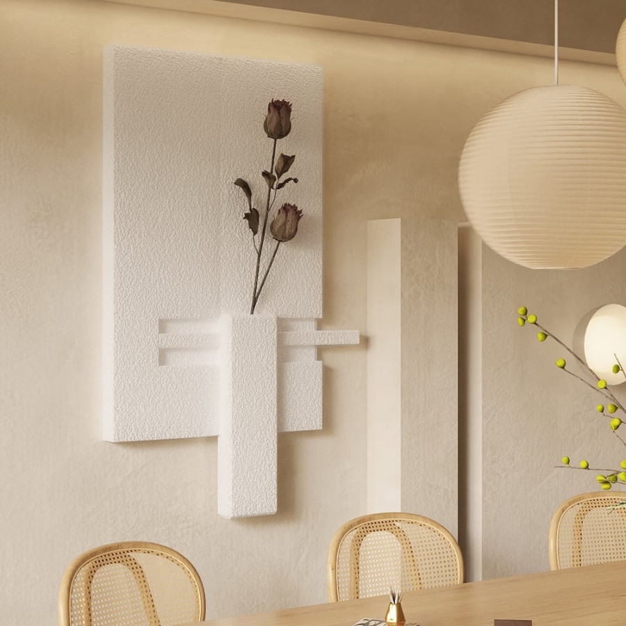 HMR - 3D Abstract Geometric Japandi Beige Wall Sculpture Art Decor With Vase Living Room