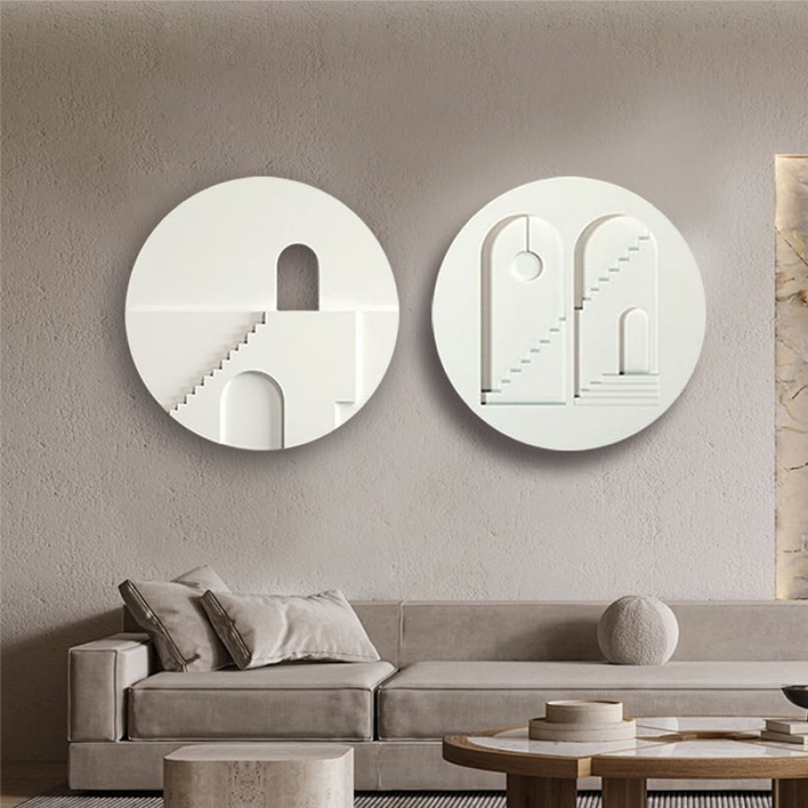 HMR - 2-Pieces Minimalist White Round Frosted Abstract Geometric Wood Wall Decor Art Set