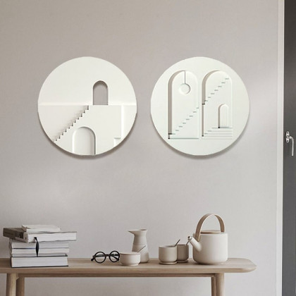 HMR - 2-Pieces Minimalist White Round Frosted Abstract Geometric Wood Wall Decor Art Set