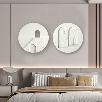HMR - 2-Pieces Minimalist White Round Frosted Abstract Geometric Wood Wall Decor Art Set