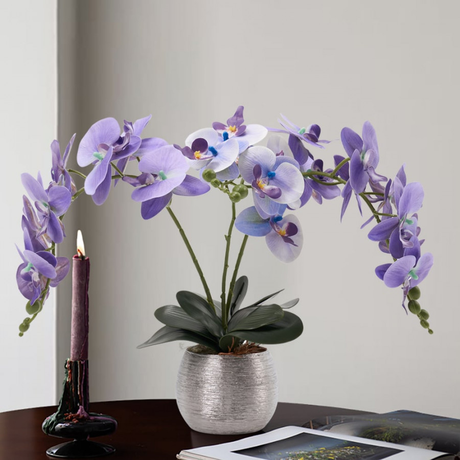 HMR - Artificial Purple Orchids in Vase Set