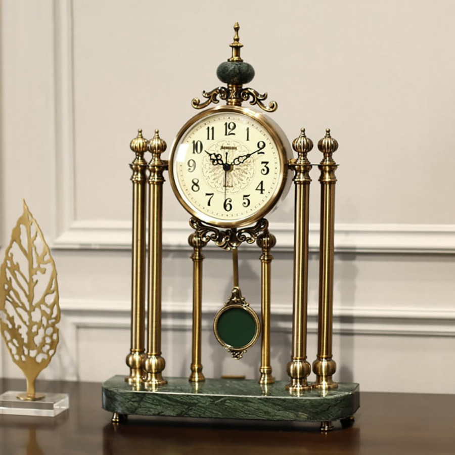 HMR - Traditional Metal Bronze Round Mantel & Table Top Clock with Pendulum Green Marble Base