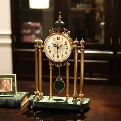 HMR - Traditional Metal Bronze Round Mantel & Table Top Clock with Pendulum Green Marble Base