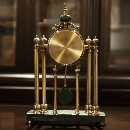 HMR - Traditional Metal Bronze Round Mantel & Table Top Clock with Pendulum Green Marble Base