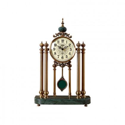 HMR - Traditional Metal Bronze Round Mantel & Table Top Clock with Pendulum Green Marble Base