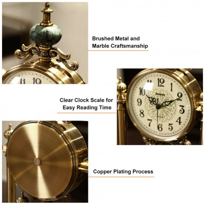 HMR - Traditional Metal Bronze Round Mantel & Table Top Clock with Pendulum Green Marble Base