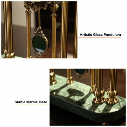 HMR - Traditional Metal Bronze Round Mantel & Table Top Clock with Pendulum Green Marble Base