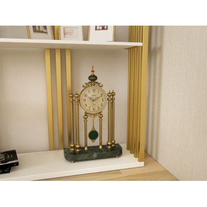 HMR - Traditional Metal Bronze Round Mantel & Table Top Clock with Pendulum Green Marble Base