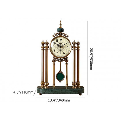 HMR - Traditional Metal Bronze Round Mantel & Table Top Clock with Pendulum Green Marble Base