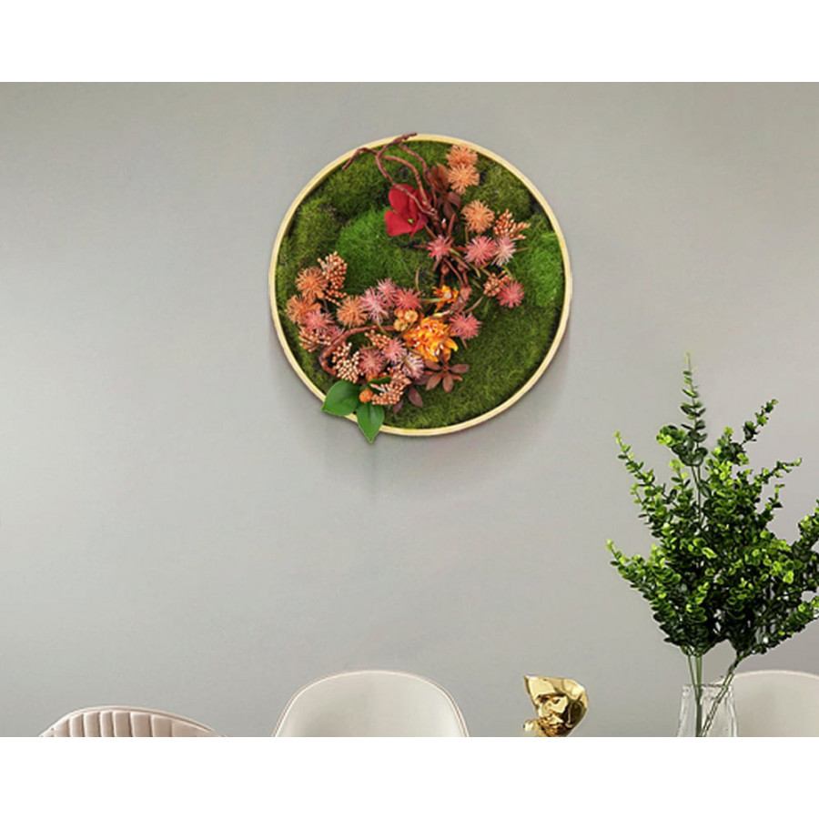 HMR - 3D Round Preserved Moss Flower Wall Art Hanging Rainbow Floral Decor with Wood Frame – Multi-Color, Style B
