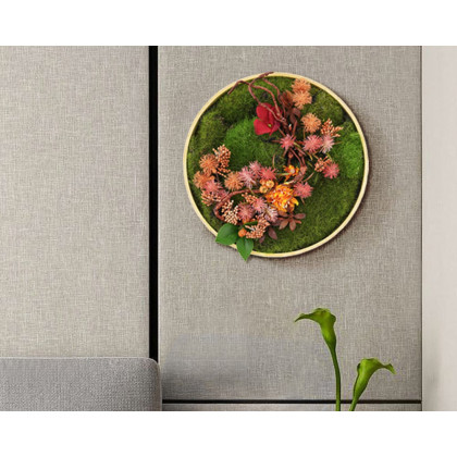 HMR 3D Round Preserved Moss Flower Wall Art Hanging Rainbow Floral Decor with Wood Frame – Multi-Color, Style B