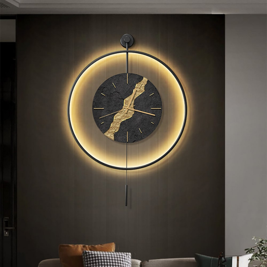 HMR - Black & Gold LED Light Pendulum Wall Clock Metal Wall Art Silent Wall Clock