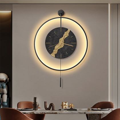 HMR - Black & Gold LED Light Pendulum Wall Clock Metal Wall Art Silent Wall Clock