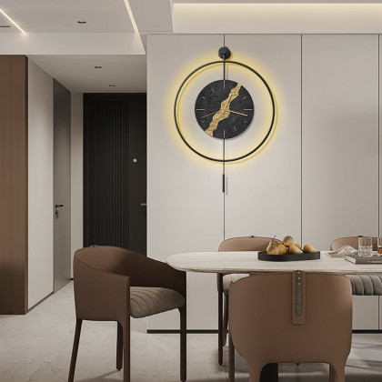 HMR - Black & Gold LED Light Pendulum Wall Clock Metal Wall Art Silent Wall Clock