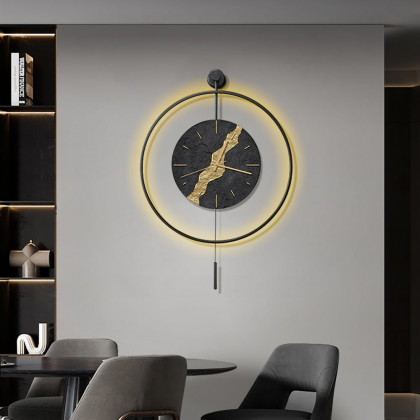 HMR - Black & Gold LED Light Pendulum Wall Clock Metal Wall Art Silent Wall Clock