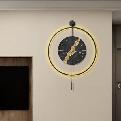 HMR - Black & Gold LED Light Pendulum Wall Clock Metal Wall Art Silent Wall Clock