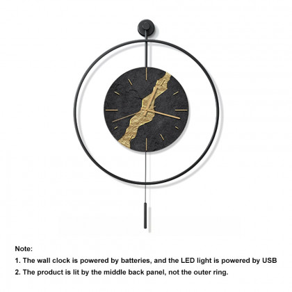 HMR - Black & Gold LED Light Pendulum Wall Clock Metal Wall Art Silent Wall Clock