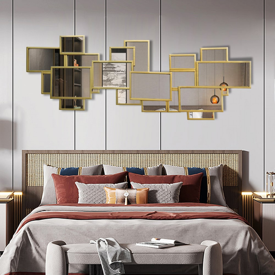 HMR - 50.8" x 19.3" Modern Square & Rectangle 3D Panel Wall Mirror Decor Art with Gold Frame