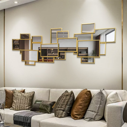 HMR - 50.8" x 19.3" Modern Square & Rectangle 3D Panel Wall Mirror Decor Art with Gold Frame