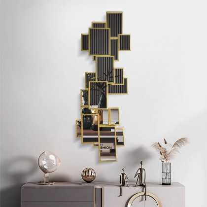 HMR - 50.8" x 19.3" Modern Square & Rectangle 3D Panel Wall Mirror Decor Art with Gold Frame