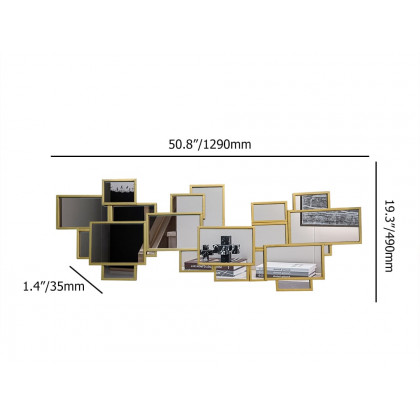 HMR - 50.8" x 19.3" Modern Square & Rectangle 3D Panel Wall Mirror Decor Art with Gold Frame