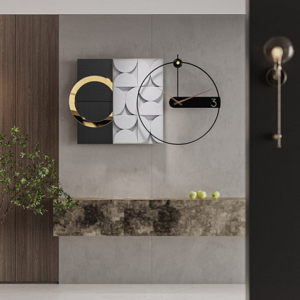HMR - 30" Large Metal Geometric Wall Clock with Wood Pointer Modern Home Decor Black & Gray