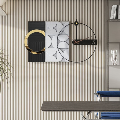 HMR - 30" Large Metal Geometric Wall Clock with Wood Pointer Modern Home Decor Black & Gray