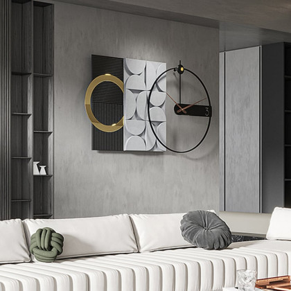HMR - 30" Large Metal Geometric Wall Clock with Wood Pointer Modern Home Decor Black & Gray