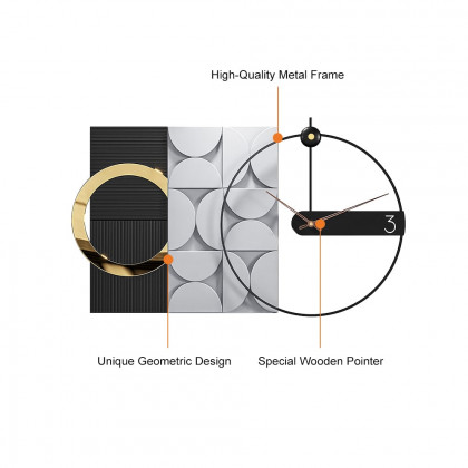 HMR - 30" Large Metal Geometric Wall Clock with Wood Pointer Modern Home Decor Black & Gray