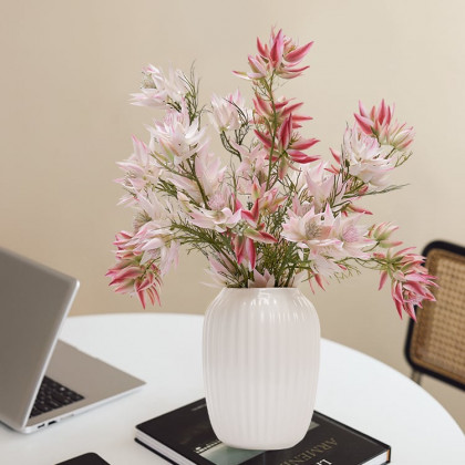 HMR - 14" x 21" Artificial Flowers in White Ribbed Vase Art Decor