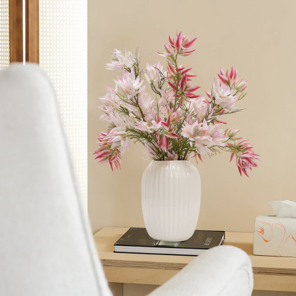 HMR - 14" x 21" Artificial Flowers in White Ribbed Vase Art Decor