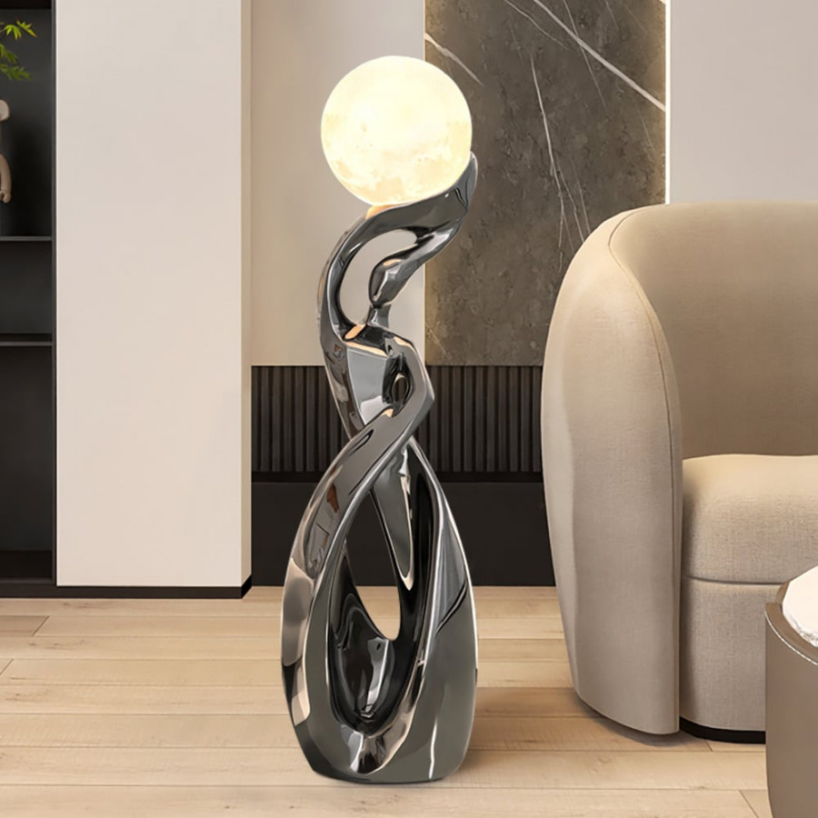 HMR - 9" x 32" Silver Sculpture with Illuminated Sphere Art Decor