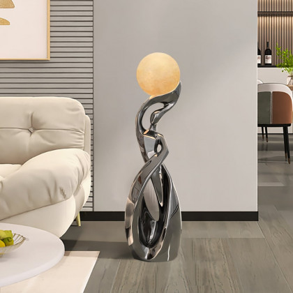 HMR - 9" x 32" Silver Sculpture with Illuminated Sphere Art Decor