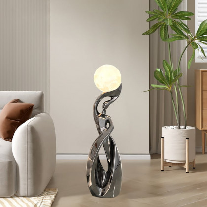 HMR - 9" x 32" Silver Sculpture with Illuminated Sphere Art Decor
