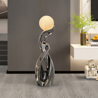 HMR - 9" x 32" Silver Sculpture with Illuminated Sphere Art Decor