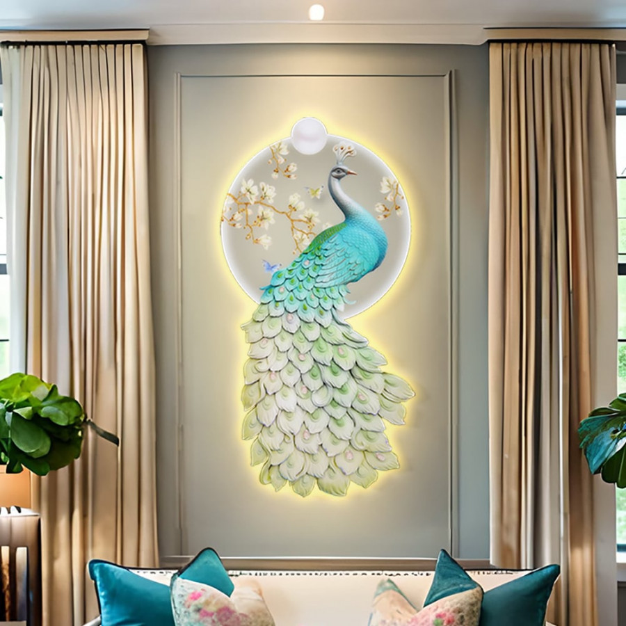 HMR - 31.5" LED Acrylic Peacock Wall Art Modern Abstract Geometric Decor USB Charging
