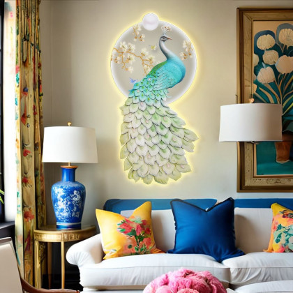 HMR - 31.5" LED Acrylic Peacock Wall Art Modern Abstract Geometric Decor USB Charging